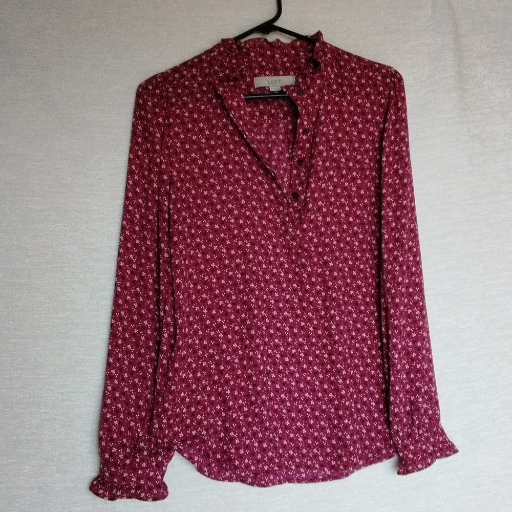 LOFT Burgundy Floral Blouse Size SMALL